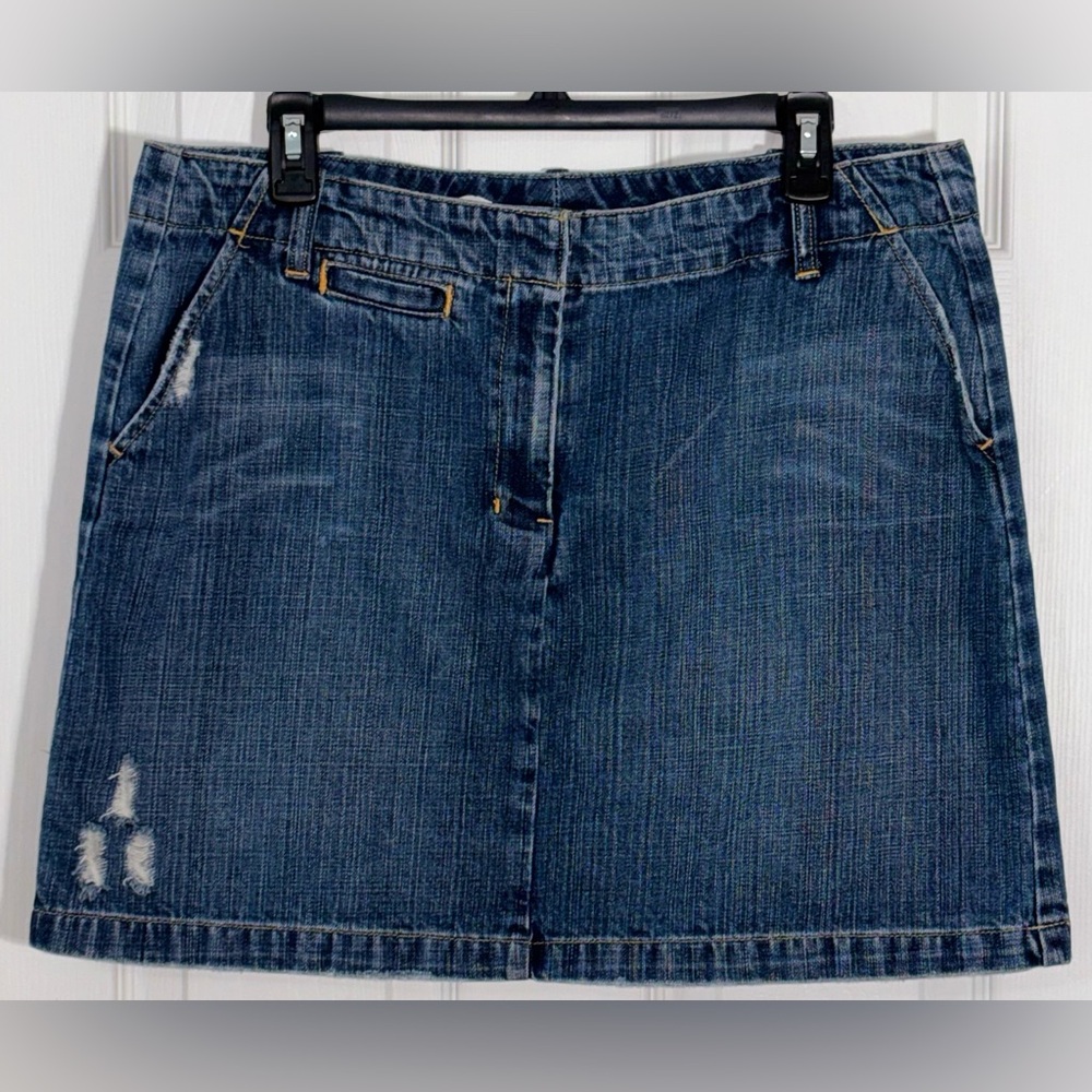 Vintage 2006 GAP Y2K Distressed Denim Jean Mini A-Line Skirt Size 14 100% Cotton